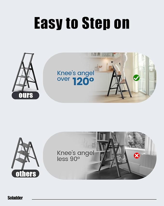 SOLADDER 3 Step Ladder, Slim Folding Steps Stool with Handrail, Iron Foldable Black Ladder with Anti-Slip Wide Pedal, for Home, Kitchen, Office, Garage Use (300 lbs Capacity)