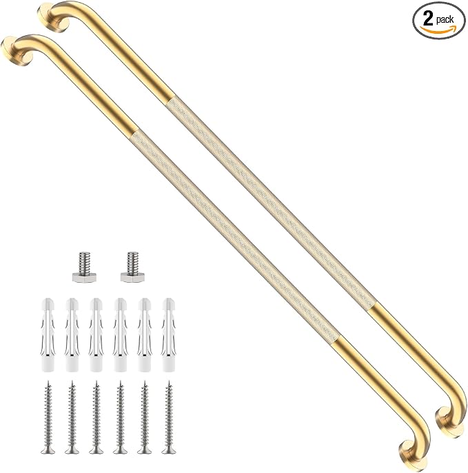 Brushed Gold Shower Grab Bar w/Anti-Slip Knurled Grip 2 Pack 47 Inch,YuanDe Stainless Steel Bathroom Grab Bars,Handicap Injury Elderly Senior Assist Support Shower Handle
