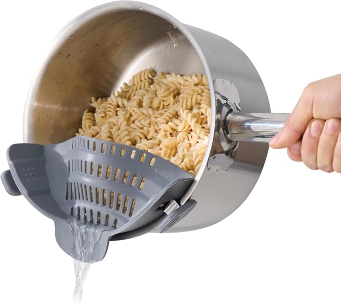 S&F Homes Silicone Clip On Strainer for Pots and Pans - Heat Resistant, Food, Noodle, Meat, Fruits, Vegetables and Pasta Strainer - Versatile Kitchen Gadget and Colander (Gray)