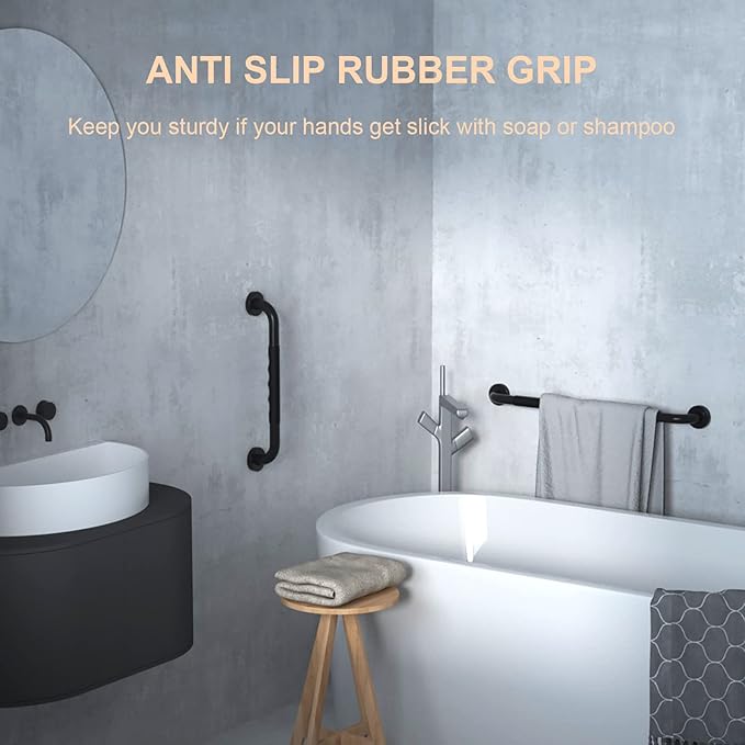 16 Inch Black Shower Grab Bar w/Anti Slip Rubber Grip, ZUEXT Stainless Steel Bath Grab Bar, Bathroom Balance Bar, Wall Mount Safety Handrail Support, Handicap Injury Elderly Senior Assist Handle