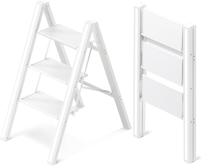 3 Step Ladder, Aluminum Folding Step Stool with Anti-Slip Sturdy and Wide Pedal, Lightweight Portable Stepladder for Home and Kitchen Use Space Saving, Cream White, 330 lbs