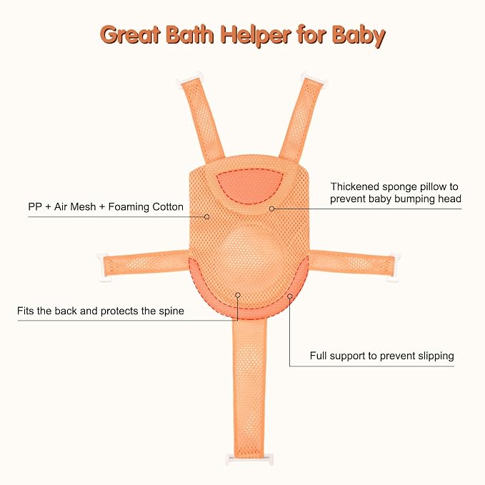 Colorlife Baby Bath Seat Support Net Infant Bathing Seat Support Mat, Adjustable Comfortable Non-Slip Five-Pointed Baby Shower Net Bathtub Sit Up Mesh for Newborn 0-12 Months-Orange(No Bathtub)