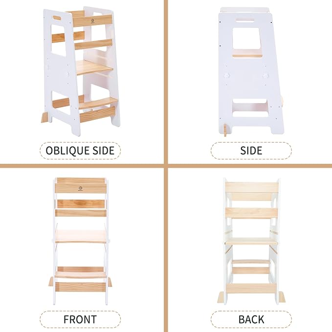 WOOD CITY Kitchen Step Stool - Safe Montessori Standing Tower for Kids with Safety Rail, Height Adjustable Toddler Ideal Helper for Learning New Skills, Anti-Slip Protection for Bathroom - White