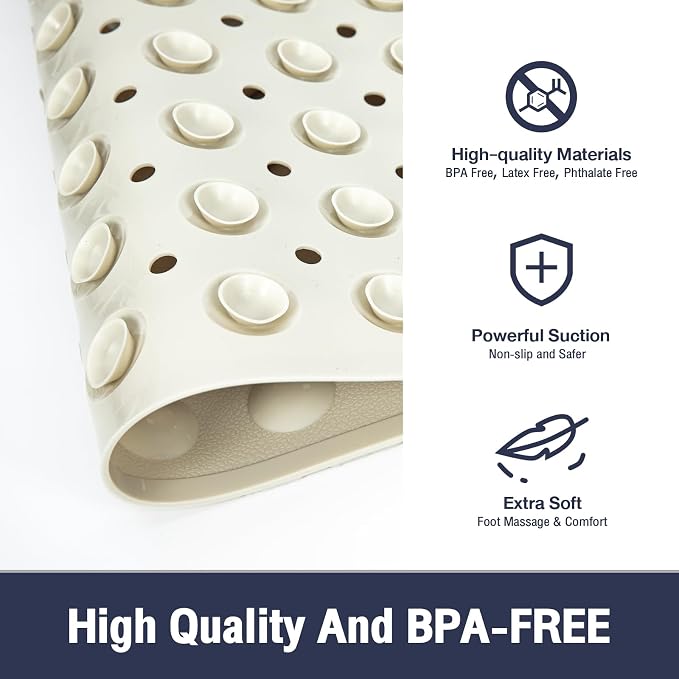 Extra Long Bathtub Mat Non Slip, Beige Soft Bath Mat for Tub 40 x 16 Inch Full Size, Bath Tub Shower Mats for Bathroom Floor with Big Suction Cups and Drain Holes, Easy Washable, BPA Free