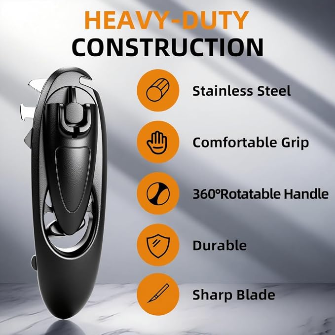 8 in 1 Multifunctional Can Opener, Black Smooth Edge Bottle Opener with Magnetic,360°Rotating Handle Can Opener Manual