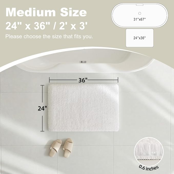 TYUU White Bathroom Rugs, Ultra Soft Bath Rugs Non Slip Washable, Super Absorbent Quick Dry Bath Mat with Rubber Backing for Bathroom Floor, Shower, or Sink, White 24" x 36"