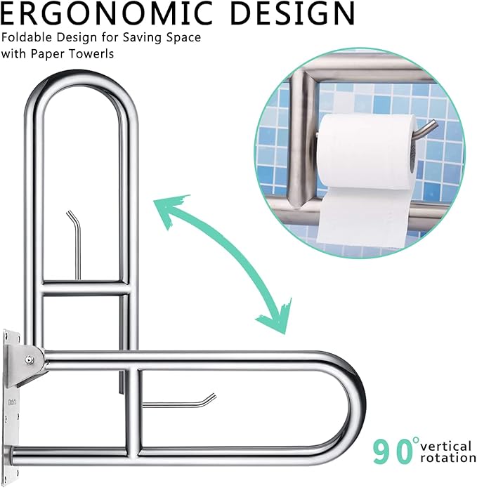 23.6 INCH Stainless Toilet Safety Rails, WochiTV Handicap Grab Bars for Elderly, Disabled Flip-Up Bathroom Grab Bar with Paper Holder,Toilet Handrails Hand Grips Handle Shower Assist Aid