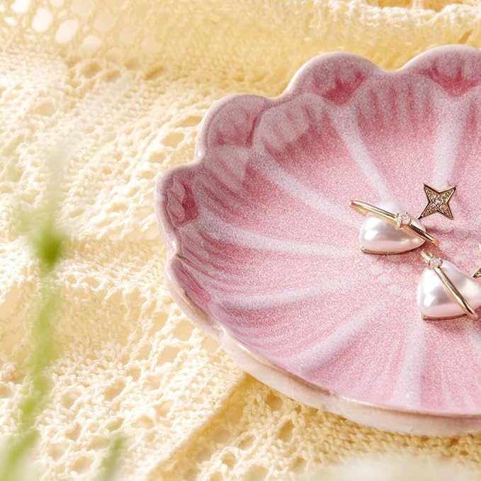Lotus Ring Holder Dish Small Indoor Ash Tray, Ceramic Dessert Plate Trinket Jewelry Holder Organizing Necklace Earrings for Parents Friends Sister, Pink. All Jewelries Are NOT Included.