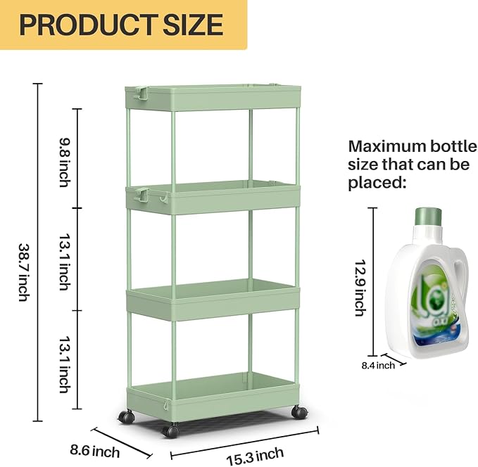 SPACELEAD 4 Tier Rolling Cart with Wheels, Storage Craft Art Trolley Organizer Serving, 3 Hanging Baskets Easy Assembly, for Office, Living Room, Kitchen
