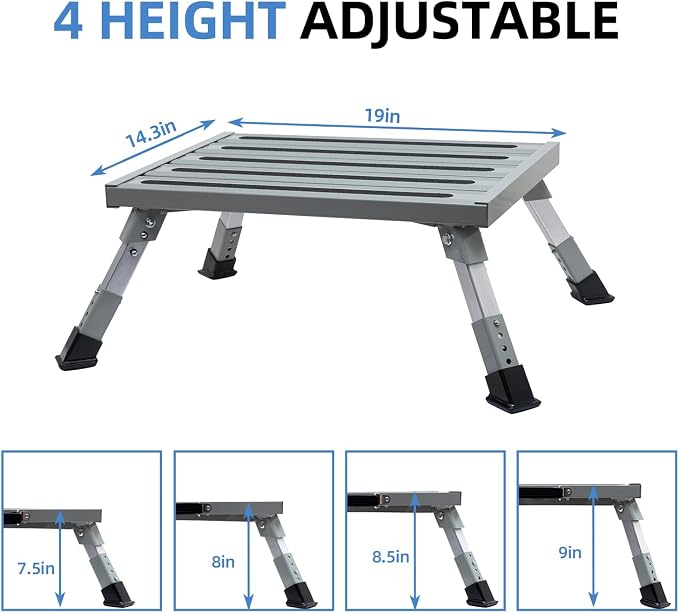 Homeon Wheels Large RV Step Stool, Adjustable Height Aluminum Folding Step Ladder with Non-Slip Rubber Feet, 1500 lbs Capacity, Safety Platform for RV, Trailer, Truck, Outdoor Use, 19" x 14.3"