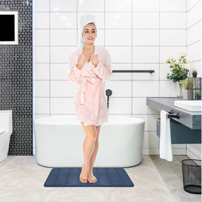 Memory Foam Bath Rug Set 3 Piece Non-Slip Mats,Absorbent Shaggy Super Soft U-Shaped Toilet Rug,Bathroom Carpets for Tub,Shower,Blue