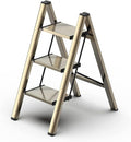 3 Step Ladder, Folding Step Stool with Wider Pedal, Anti-Slip Feet & Non Slip Stripes, Aluminum Sturdy Material, 300Lbs Capacity, Elegant Look of Champagne Gold Better Matches Your Home