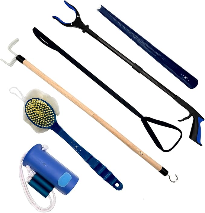 Hip Kit for Total Hip Replacement Prime Kit, Shoe Horn, Foldable 32" Grabber Tool, Dressing Stick & Sock Aide, Leg Lifter, Long Bath Sponge, Grabbers Elderly Reaching Tool, 6PC-Kit, Blue, by Luxet