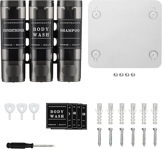 Shampoo and Conditioner Dispenser,Unisence Shower Dispenser 2 Chamber No Drill Wall-Mounted Shampoo Dispenser for Shower Wall Mounted Body Wash Dispenser for Bathroom Hotel Large Capacity,Dark Gray