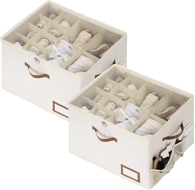 StorageWorks Shoe Organizer for Closet, 2 Pack Shoe Storage Boxes with Clear Lid, Stackable Shoe Storage Organizer for Sandals and Slippers, Fabric Shoe Bins for Closet, Holds 16–32 Pairs, Beige