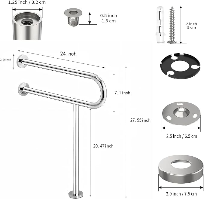24" x 27.55" Toilet Support Rail Toilet Grab Bar, 304 Stainless Steel Shower Safety Handrail - Anti-Slip Bathroom Support Bar for Elderly, Disabled, Pregnant Women 1.25’Tube