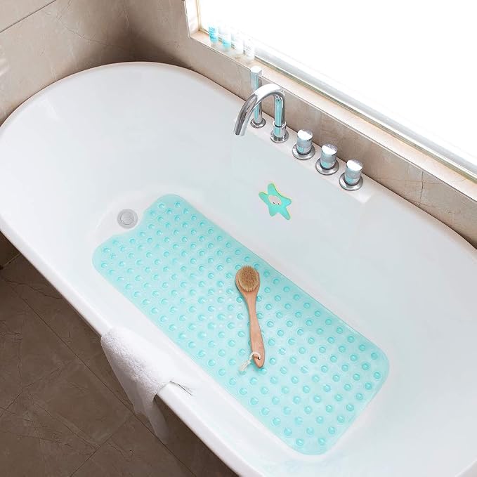Tree Bud Bathtub Mats for Shower Tub Non-Slip Bath Mat 39 x 16 Inch Extra Long Shower Mat, Bath Tub Mat for Bathroom with Machine Washable, BPA Free for Kids (Clear Aqua)