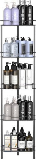 HuggieGems 5 Tier Floor Standing Corner Shower Caddy Organizer Shelf with Hooks, Bathroom Shelves Stand Rack, Matt Black