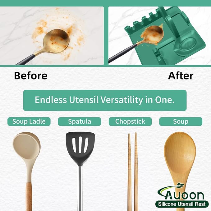 Auoon Silicone Spoon Rest with Lid Holder - 3 in 1 Kitchen Utensil Rest for Soup Ladles, Pot Lids, Spatulas, Spoons, Tongs, BPA Free & Dishwasher Safe, 8.26 x 8.06 Inch (Sea Blue, Large)