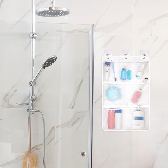 F-color Cruise Essentials 2026 - Mesh Shower Organizer Hanging with 7 Pockets for RV Gym Camping, Quick-Dry Portable Toiletry Bag with Metal Hooks for Bathroom Travel Toiletries, White
