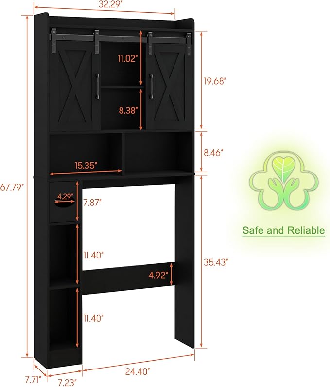 Vabches Over The Toilet Storage Cabinet, Farmhouse Storage Cabinet Over Toilet with Sliding Doors & Toilet Paper Holder Stand，Home Space-Saving Toilet Rack, for Bathroom, Laundry and Restroom.Black