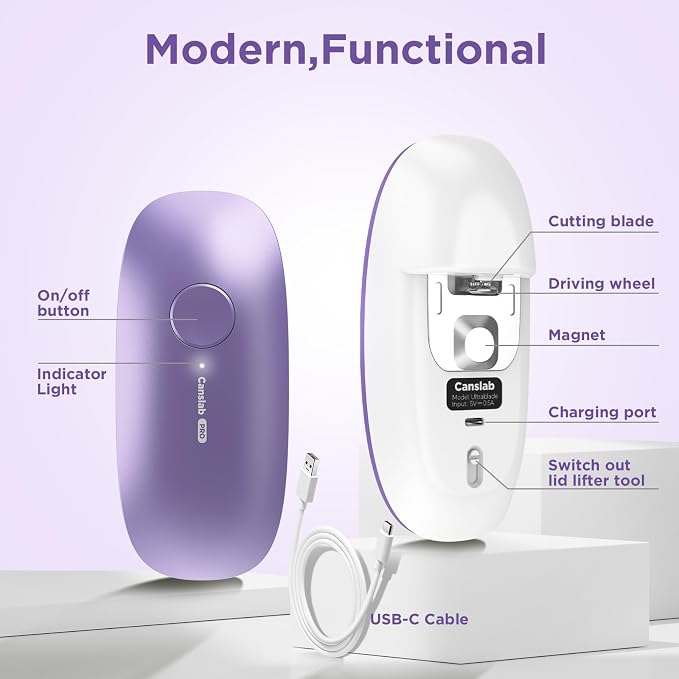 Canslab Ultrablade PRO Auto Stop USB Rechargeable Can Opener for Kitchen for Seniors with Arthritis, Long Battery Life, Handfree One Touch, Side Cut for Smooth Edge, Wall Mounted Small Size, Lilac