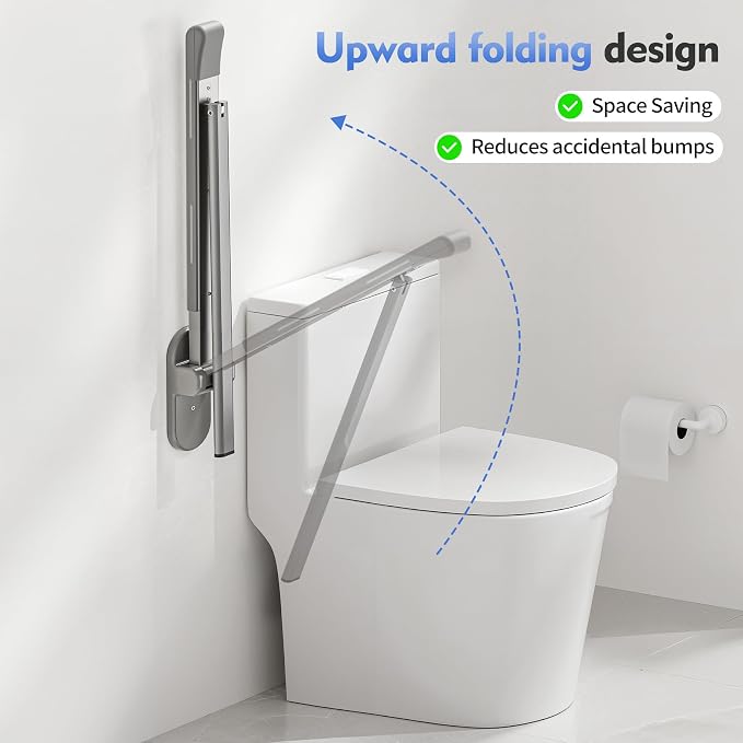 Flip Up Grab Bar with Support Leg, 26.8" high Toilet Safety Rails for Seniors, Wall Mounted Toilet Grab Bars for Disabled and Elderly, Space-Saving Foldable Handicap Bars for Bathroom