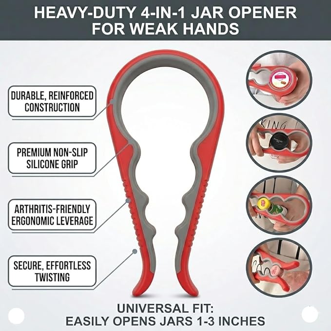 Can Openers for Seniors with Arthritis 4PC-Set Jar Lid & Water Bottle Openers for Seniors | Kitchen Essentials for New Home Gadgets Gifts for Elderly | Non-Slip Silicone Rubber Gripper Pad