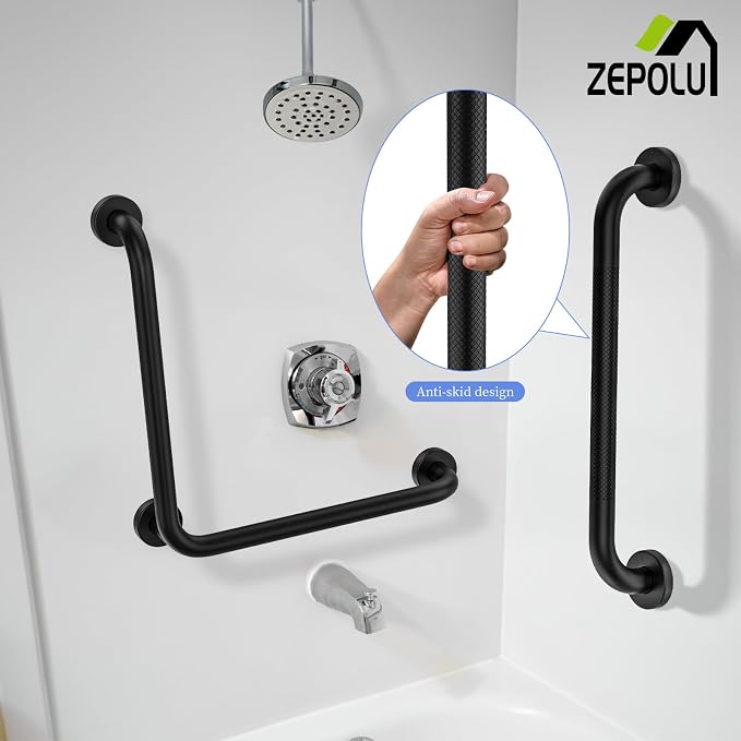 L-Shaped Shower Grab Bar 16x16 Inch, Zepolu Stainless Steel Matte Black Safety Grab Rail, Bathroom Mobility Aid Handrail, Wall Mounted Balance Support Bar Assist Handle for Senior Elderly Handicap