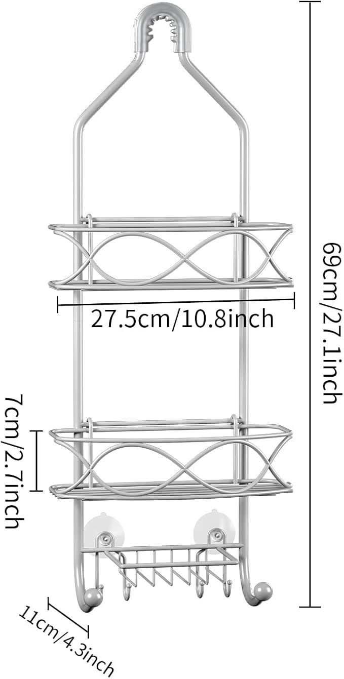 GAOKASE Shower Caddy Hanging 3 Tier with Two Movable Baskets, Grey Shower Caddy with Hooks for Towels, Sponge and More