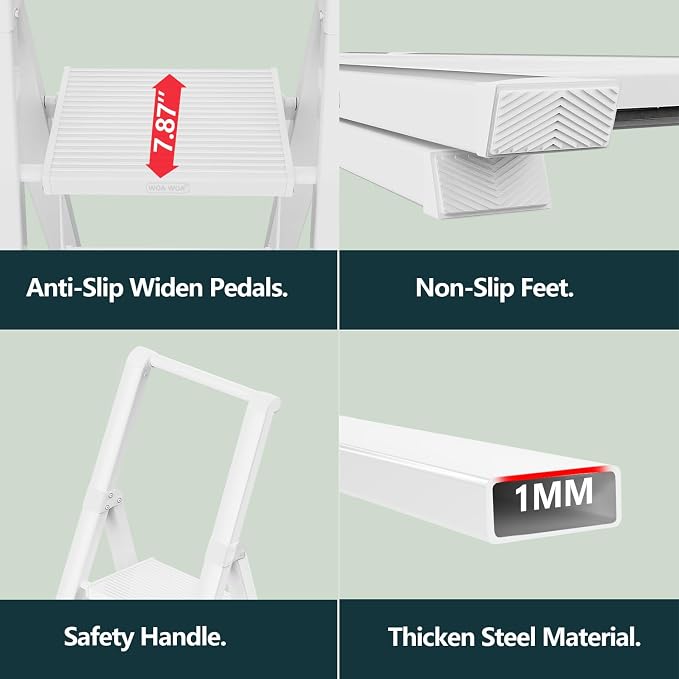 WOA WOA 4 Step Ladder for 10 Feet High Ceiling, Lightweight Foldable Ladder with Non-Slip Wide Pedals, Step Stool with Safe Handrail, Space Saving for Home, Kitchen, Indoor & Outdoor 300lbs - White