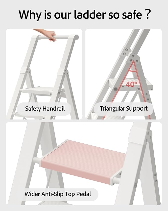 5 Step Ladder, Lightweight Folding StepStool with Convenient Handgrip,Aluminum 330lbs CapacityStep Ladder for Office,Household,Kitchen(White)