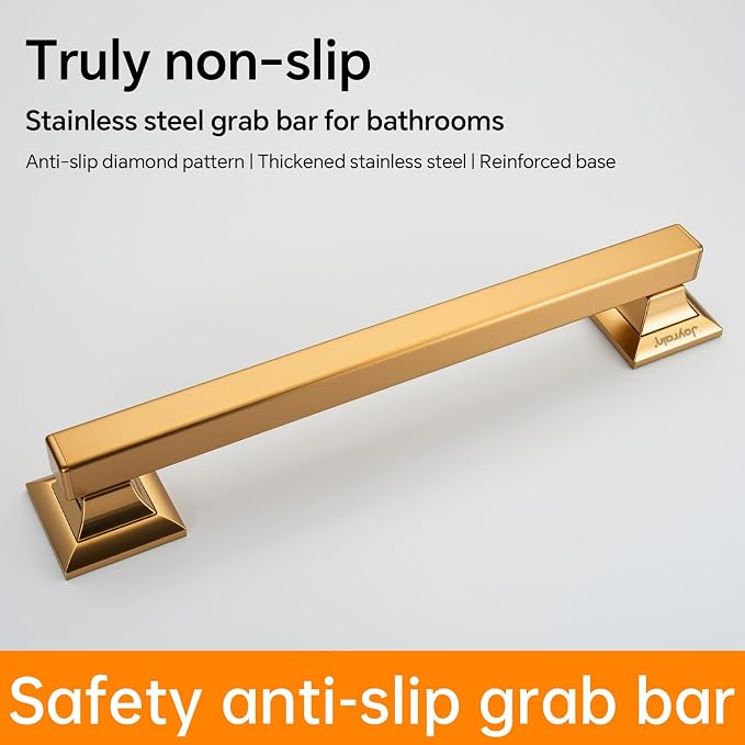 Joyrain Stainless Steel Square Grab Bar - ADA Compliant 500lb Weight Limit, 16/24/32 Inch Bathroom Safety Rail for Seniors & Disabled (Matte Gold, 16 inch)