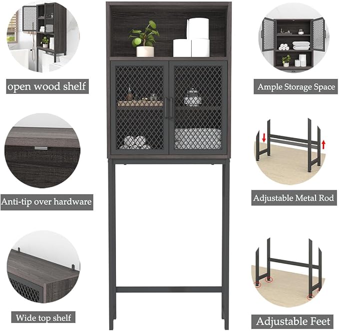 Launica Over the Toilet Storage Cabinet, Over Toilet Bathroom Organizer with Mesh Doors and Shelves, Freestanding Bathroom Storage Cabinet Above Toilet, Wood and Metal, Dark Gray Oak