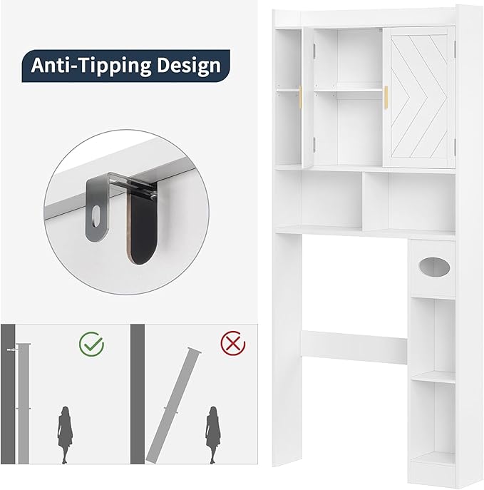VECELO Over The Toilet Storage Cabinet, Storage Cabinet Over Toilet with Adjustable Shelves & Toilet Paper Holder Stand, Home Space-Saving Toilet Storage, for Bathroom, Restroom, Laundry, White