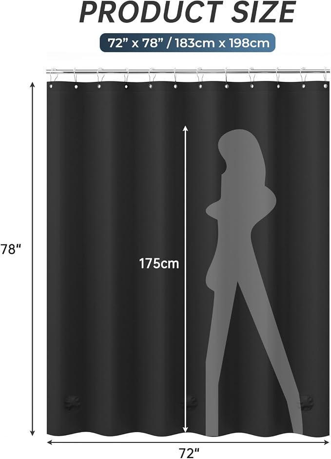 AmazerBath Black Shower Curtain Liner Plastic 78 Inches Long, Premium PEVA Shower Curtain Long Heavy Duty 8G, Weighted Shower Curtains for Bathroom with 3 Big Stones and 12 Grommets, 72x78 Inches