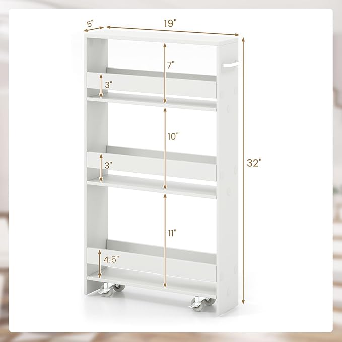 Giantex 4 Tier Rolling Slim Storage Cart, 5" Narrow Slide Out Kitchen Cart w/Handle & Open Shelves, Space-Saving Compact Mobile Utility Trolley for Small Space Laundry Room (White)