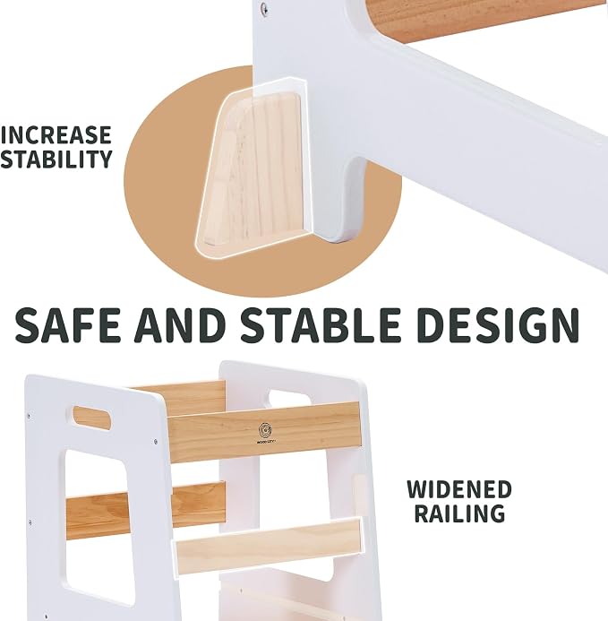 WOOD CITY Kitchen Step Stool - Safe Montessori Standing Tower for Kids with Safety Rail, Height Adjustable Toddler Ideal Helper for Learning New Skills, Anti-Slip Protection for Bathroom - White