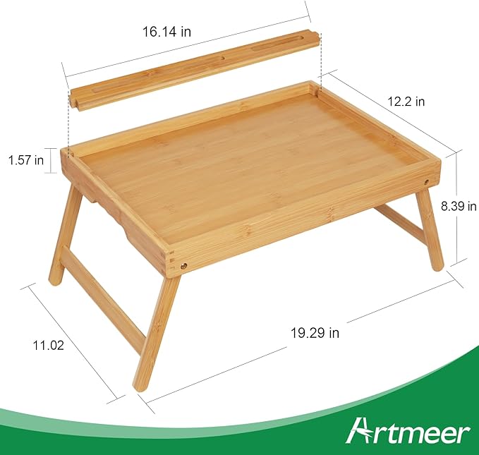 Artmeer Bed Tray Table with Folding Legs, Bamboo Breakfast Food Tray with Media Slot, Use As Platter, Laptop Desk, Snack, TV Tray Kitchen Serving Tray (Bamboo Large)