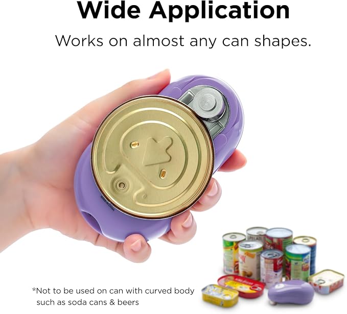 Kitchen Mama One Touch Electric Can Opener: Open with Simple Press of A Button - Auto Stop As Task Completes, Ergonomic, Smooth Edge, Food-Safe, Battery Operated (Purple)