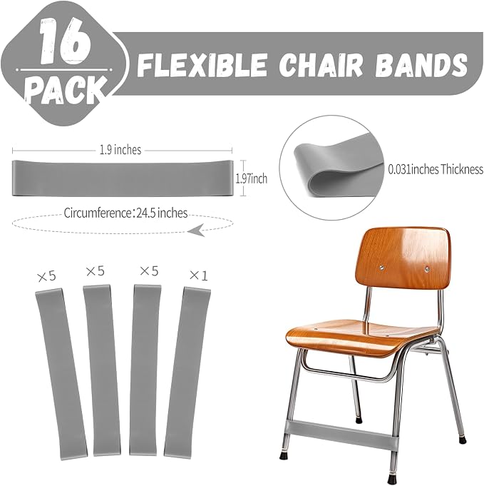 16 Pack Chair Bands for Kids with Fidgety Feet, ADHD Tools for Kids, Improve Focus & Reduce Restlessness, Chair Bands for Sensory ADHD ADD Autism - Classroom & Home Must Haves (Gray)