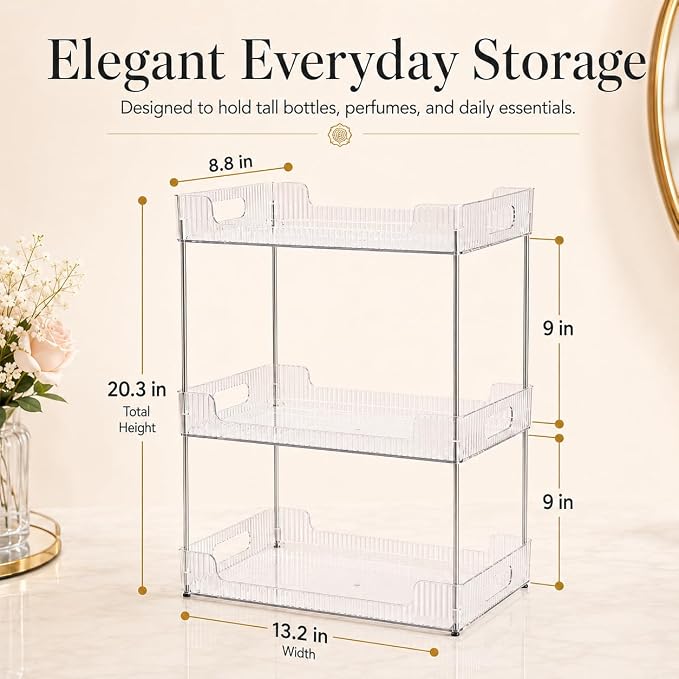 Goderewild 3 Tier Bathroom Counter Organizer, Multi-Purpose Cosmetics Skincare Shelf, Fits A4 Size Makeup Organizer for Office and Vanity Tray, Countertop Storage Solution for Kitchen,Bath.(Clear)