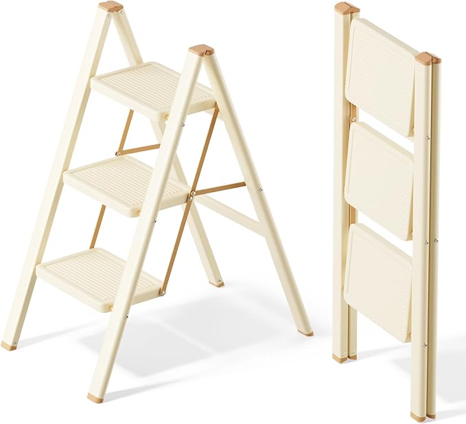 SOLADDER 3 Step Ladder, Anti-Slip and Lightweight Foldable Step Stool for Adults to Use in Kitchen, Closet and Library, 300lbs(Cream Chocalate)