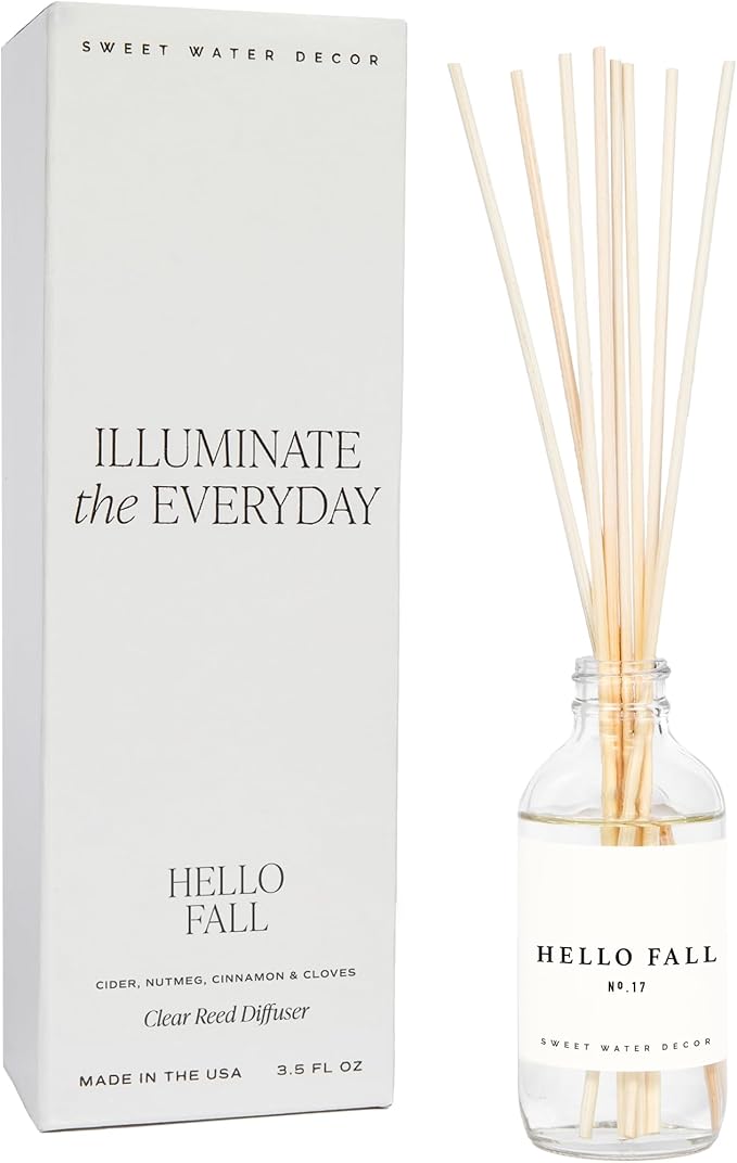 Sweet Water Decor Hello Fall Reed Diffuser Set - Hot Cider, Cinnamon, Cloves, Apple, and Nutmeg Scented Diffuser - Scent Diffusers for Home, Long Lasting Fragrance, Made in the USA
