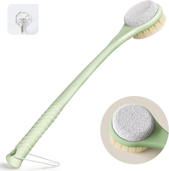 Back Scrubber for Shower, Long Handle Exfoliating Brush, Dual-Sided Bath Brush with Soft Bristles & Volcanic Pumice Stone, Anti-Slip Grip for Men & Women (Green)