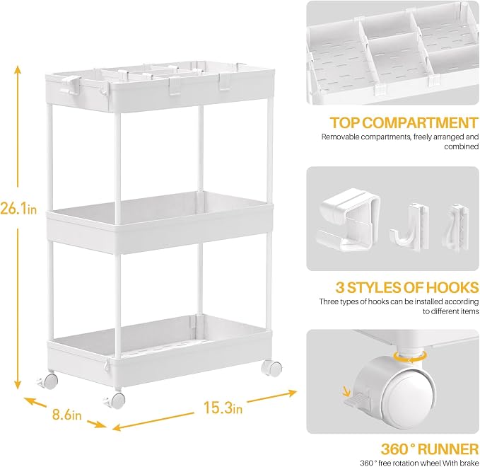 SPACELEAD 3 Tier Rolling Cart with Wheels, Storage Craft Art Trolley Organizer Serving, 3 Hanging Baskets Easy Assembly, for Office, Bathroom，Living Room, Kitchen, White