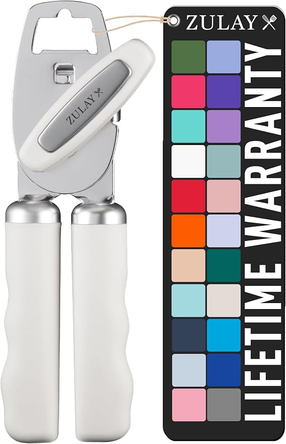 Zulay Kitchen Heavy Duty Stainless Steel Can Opener Manual with Bottle Opener - Rust Proof Manual Can Opener With Turn Knob & Comfy Soft Grip Handles - White