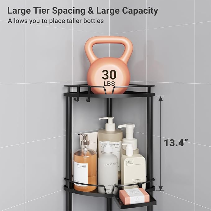 ELYKEN Corner Shower Caddy Standing, 3 Tier Rustproof Metal Shower Organizer with Soap Holder, Floor Shower Corner Shelf Rack Storage Stands with Adjustable Feet & 2 Hooks for Bathroom, Black