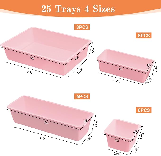 SpaceHacks 25 PCS Plastic Drawer Organizer Set, 4-Size Versatile Organizer Trays & storage Bins for Makeup, Jewelry, and Gadgets in Bathroom, Bedroom and Office, Pink