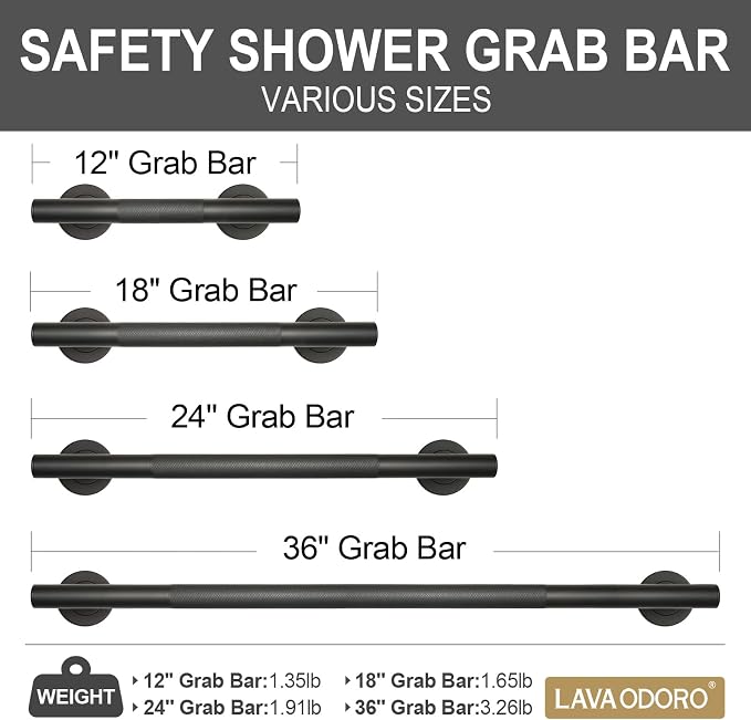 Lava Odoro Black Shower Grab Bars, 24" Stainless Steel Bathroom Safety Grab Bar, Upgrade Anti-Slip Knurling Shower Grab for Bathtub, Shower Handle for Elderly and Handicap, ADA Compliant, Matte Black